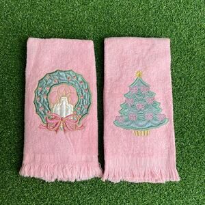 Vintage Pink Holiday Fingertip Towels Lot Embroidered Christmas Wreath and Tree